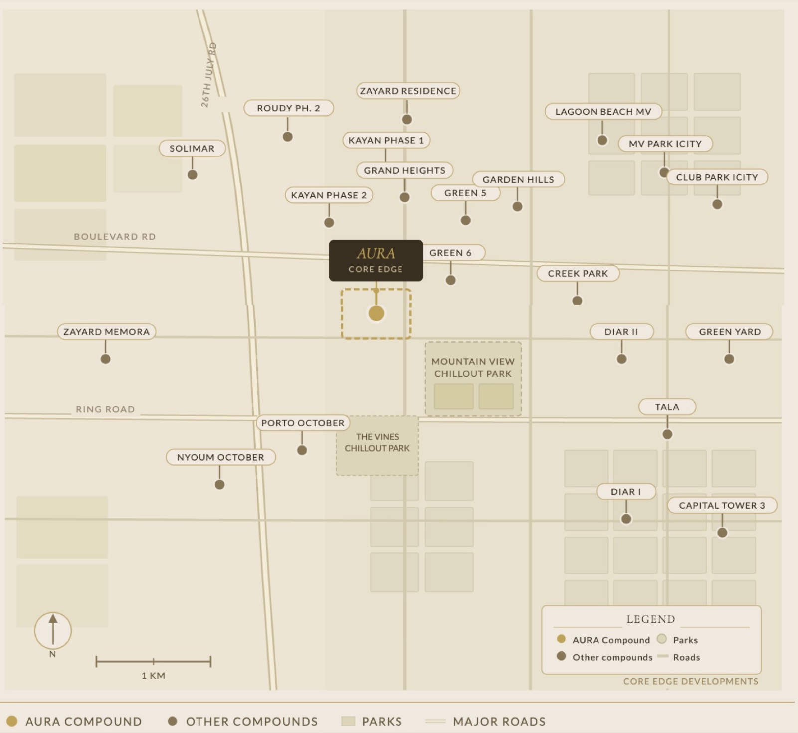 AURA location map — Sheikh Zayed Green Belt, surrounding compounds and roads